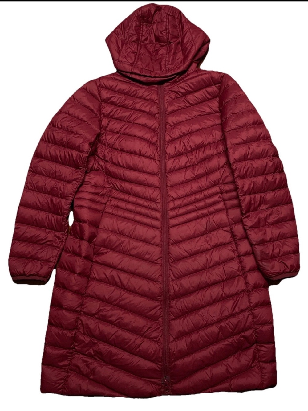 Lands End Womens Small Quilted Puffer Long Coat Hood Lightweight Down Burgundy
